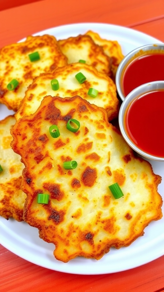 Crispy Korean potato pancakes served with dipping sauce and garnished with green onions.